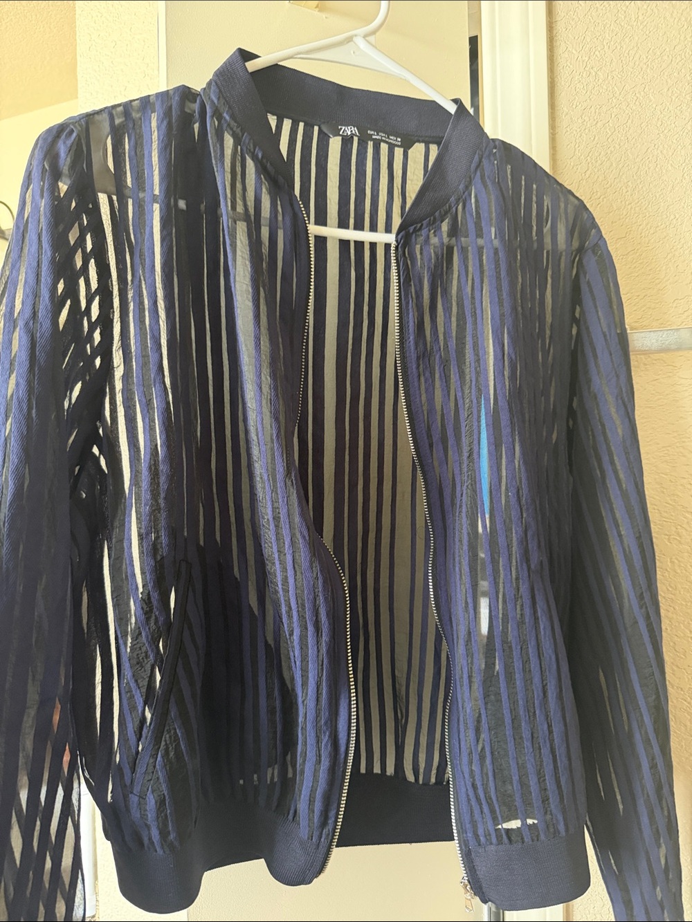 Zara Navy Sheer Striped Bomber Jacket